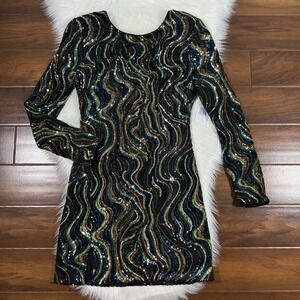 Dress the Population Sz Medium Teal Multi‎ Swirl Line Sequin Nathalia Mini Dress